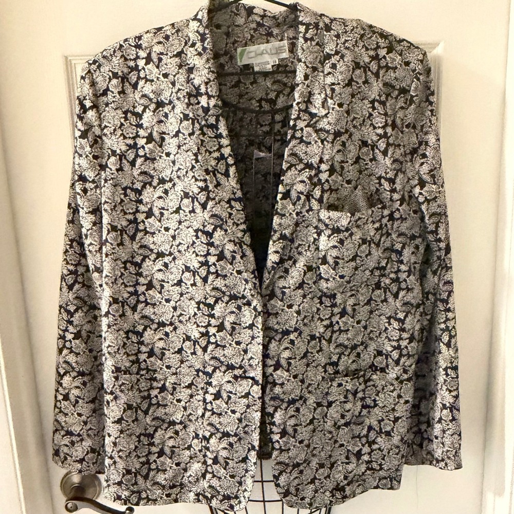 Vintage Chaus Black White Floral Print Open Front Blazer Size 14